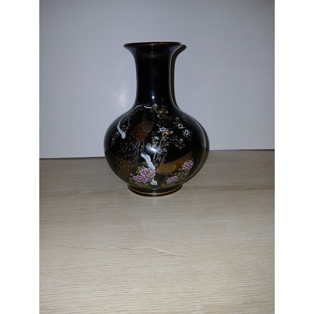 OMC Vase Japan Handpainted Peacocks with Gold Rim 6×4 Diameter 5×14 Vintage
